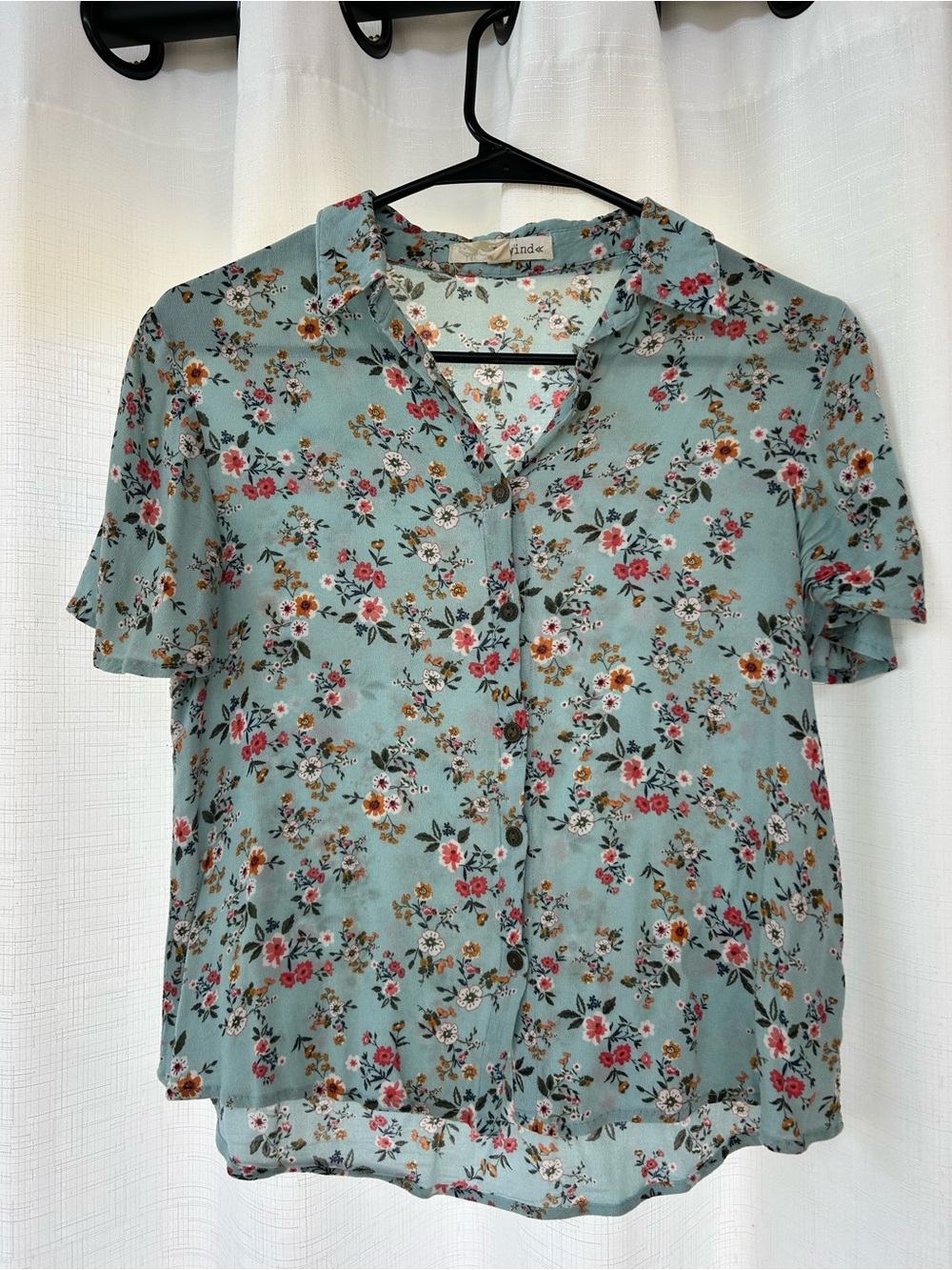 Rewind Floral Button-Front Blouse - Sage Blue with Pink & Yellow Flowers